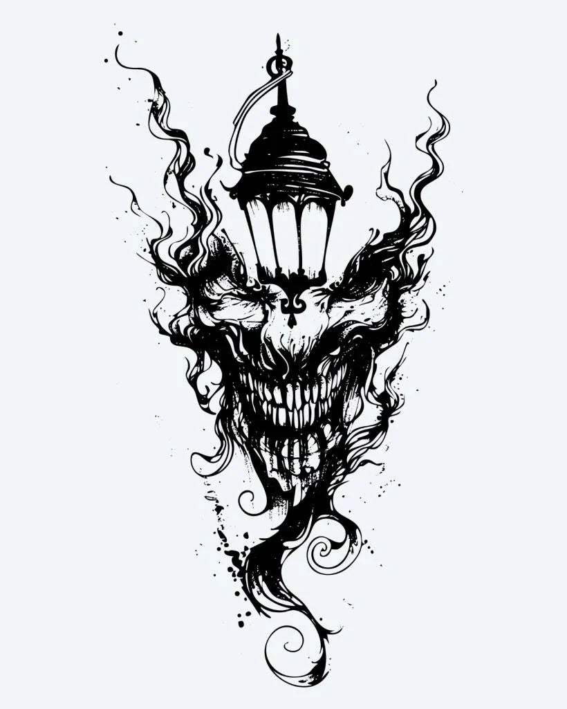 Design del tatuaggio semi-permanente Lanterna del Demone di INKON – illustrazione sinistro, teschio, volto, demone, fonde, 4 x 7 in (10x17cm), disponibile su inkon.co