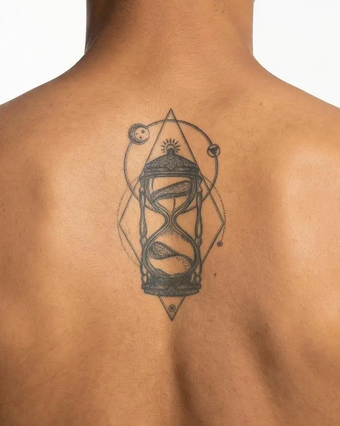 Tatuaggio semi-permanente INKON Clessidra Cosmica applicato su un uomo – design 4 x 7 in (10x17cm), aspetto realistico dell'inchiostro, dura 10 giorni