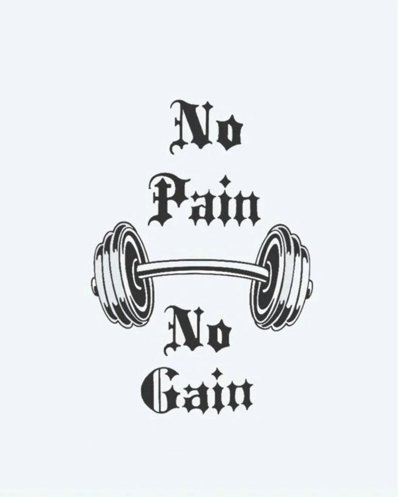 Design del tatuaggio semi-permanente No Pain No Gain di INKON – illustrazione motivazionale, frase, pain, gain, gotico, 3 x 4 in (6x11cm), disponibile su inkon.co