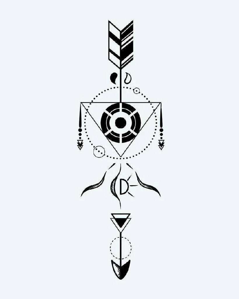 Design del tatuaggio semi-permanente Geometric Arrow di INKON – illustrazione a linee fini e puntinato di freccia geometrica, 4 x 7 in (10x17cm), disponibile su inkon.co