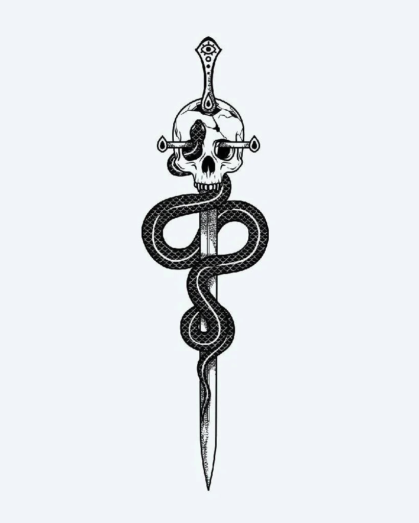 Design del tatuaggio semi-permanente Serpent & Skull Dagger di INKON – illustrazione blackwork di serpente avvolto e pugnale che trafigge un teschio, 4 x 7 in (10x17cm), disponibile su inkon.co
