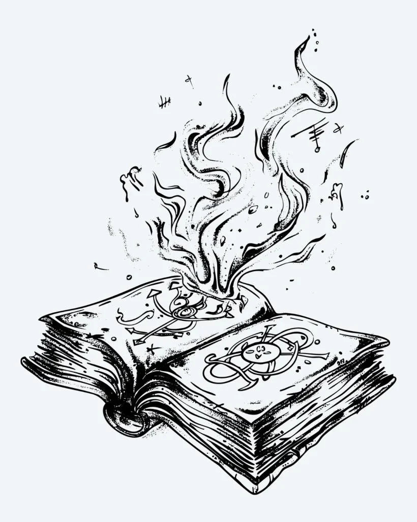 Design del tatuaggio semi-permanente Burning Spell Book di INKON – illustrazione aperto, antico, incantesimi, libro, mistici, 4 x 4 in (9x9cm), disponibile su inkon.co