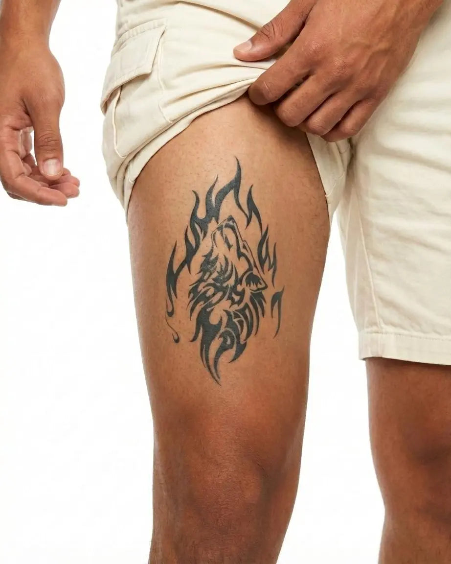 Tatuaggio semi-permanente INKON Lupo Ululante Tribale applicato su un uomo – design 4 x 7 in (10x17cm), aspetto realistico dell'inchiostro, dura 10 giorni