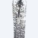 Design del tatuaggio semi-permanente Eye, Clock & Cathedral Sleeve di INKON – illustrazione manica, intera, onniveggente, interno, romani, 8 x 20 in (20x50cm), disponibile su inkon.co