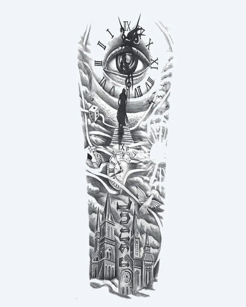 Design del tatuaggio semi-permanente Eye, Clock & Cathedral Sleeve di INKON – illustrazione manica, intera, onniveggente, interno, romani, 8 x 20 in (20x50cm), disponibile su inkon.co
