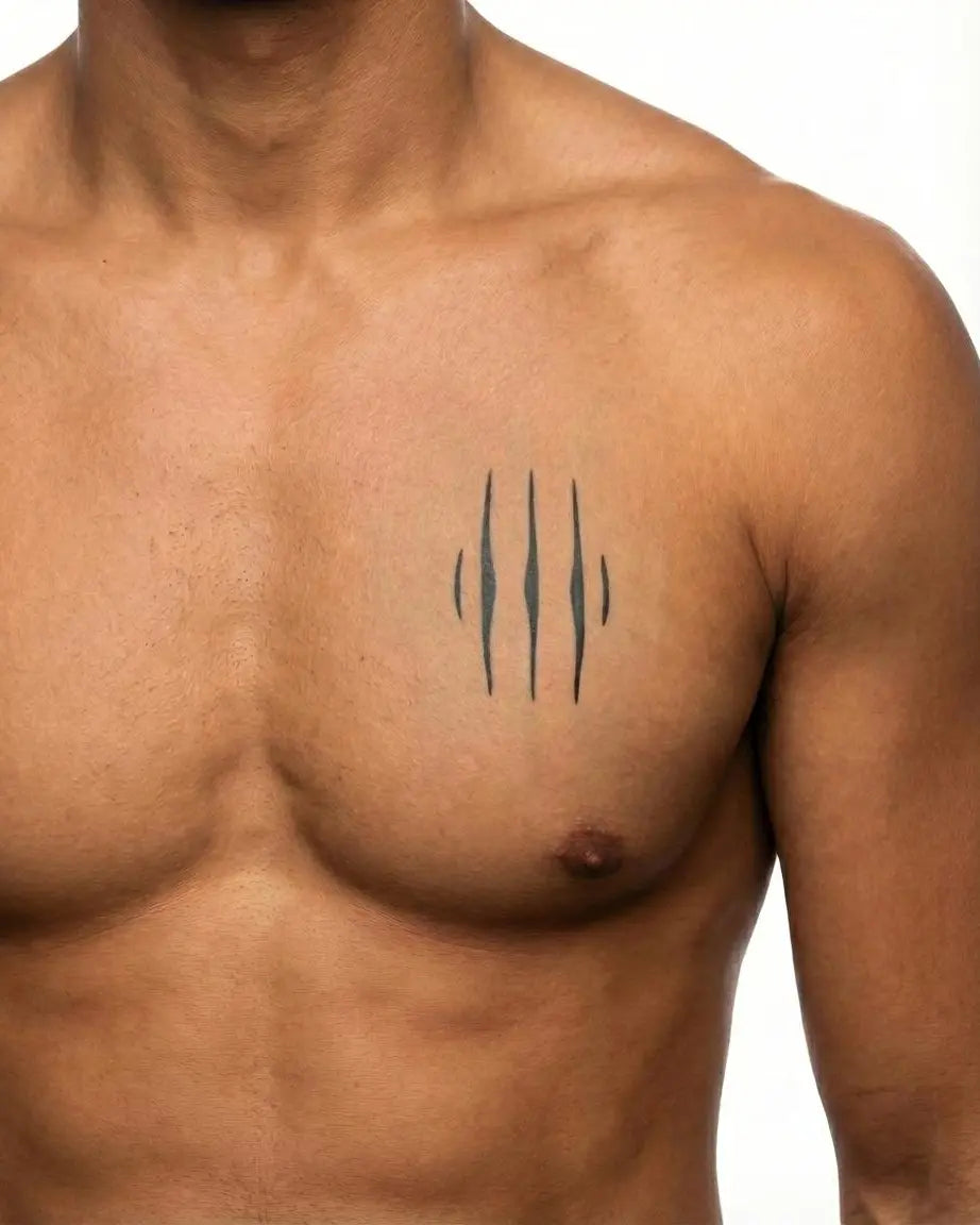 Tatuaggio semi-permanente INKON Claw Marks applicato su un uomo – design 3 x 4 in (7x10cm), aspetto realistico dell'inchiostro, dura 10 giorni