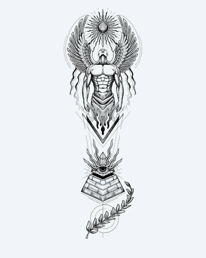 Design del tatuaggio semi-permanente Egyptian Guardian Angel & Pyramid di INKON – illustrazione di splendida figura di guardiano alato egizio, 8 x 20 in (20x50cm), disponibile su inkon.co