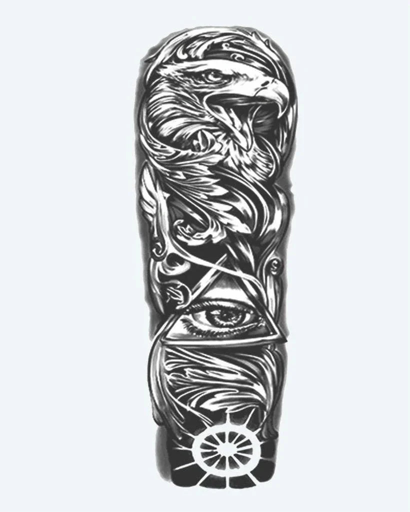 Design del tatuaggio semi-permanente Eagle & All-Seeing Eye di INKON – illustrazione maestoso, manica, intera, aquila, onniveggente, 8 x 20 in (20x50cm), disponibile su inkon.co