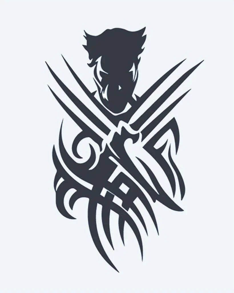 Design del tatuaggio semi-permanente Artigli del Guerriero Tribale di INKON – illustrazione silhouette, guerriero, protesi, artigli, tribale, 4 x 7 in (10x17cm), disponibile su inkon.co