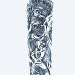 Design del tatuaggio semi-permanente Skull King & Queen di INKON – illustrazione dark, manica, intera, incoronato, teschio, 8 x 20 in (20x50cm), disponibile su inkon.co