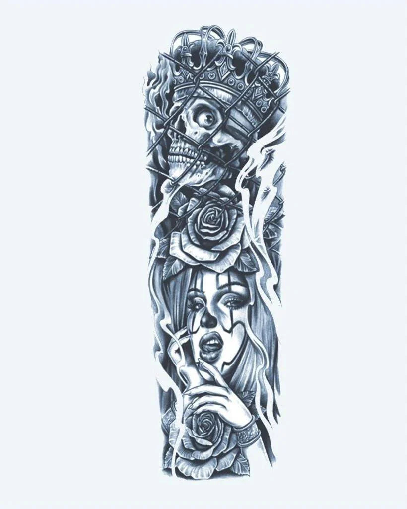 Design del tatuaggio semi-permanente Skull King & Queen di INKON – illustrazione dark, manica, intera, incoronato, teschio, 8 x 20 in (20x50cm), disponibile su inkon.co