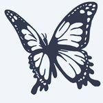 Design del tatuaggio semi-permanente Monarch Butterfly di INKON – illustrazione di delicata farfalla monarca in volo con ali, 2 x 2 in (5x5cm), disponibile su inkon.co
