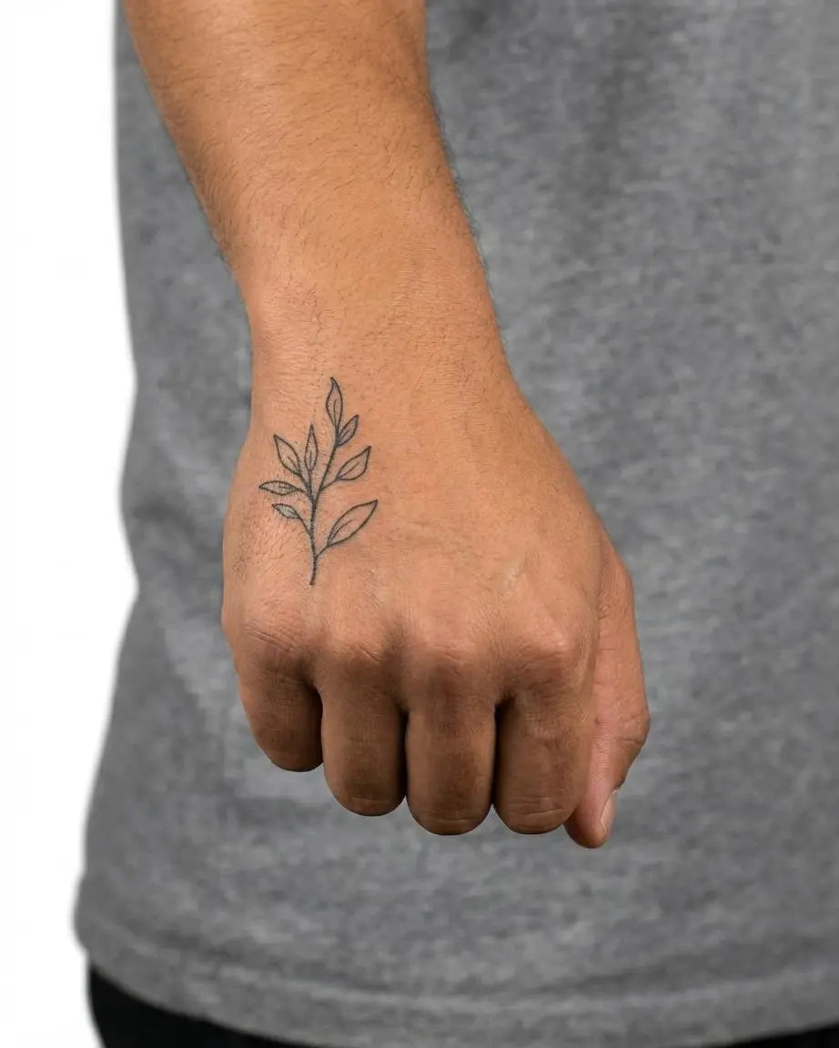 Tatuaggio semi-permanente INKON Leaf Branch applicato su un uomo – design 2 x 2 in (5x5cm), aspetto realistico dell'inchiostro, dura 10 giorni