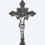 Design del tatuaggio semi-permanente Crocifisso di INKON – illustrazione ornato, barocco, crocifisso, arabeschi, radiante, 4 x 7 in (10x17cm), disponibile su inkon.co