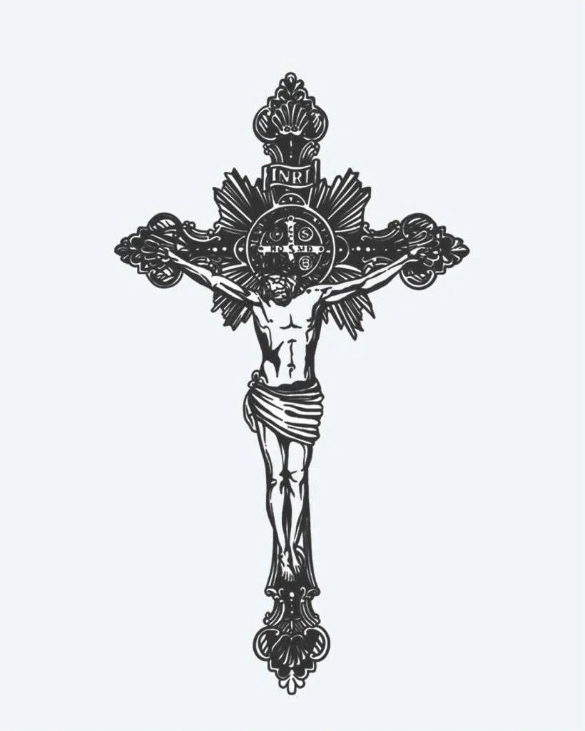 Design del tatuaggio semi-permanente Crocifisso di INKON – illustrazione ornato, barocco, crocifisso, arabeschi, radiante, 4 x 7 in (10x17cm), disponibile su inkon.co
