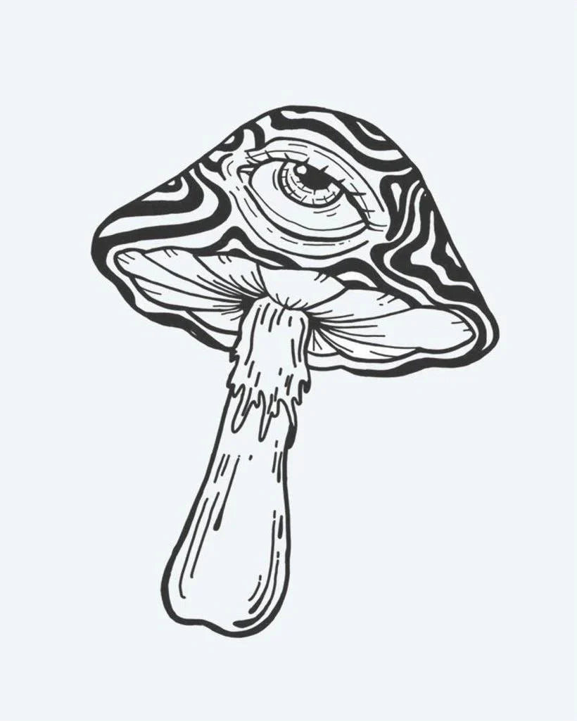 Design del tatuaggio semi-permanente Psychedelic Mushroom Eye di INKON – illustrazione allucinante, fungo, mistico, incastonato, vorticosi, 3 x 4 in (7x10cm), disponibile su inkon.co