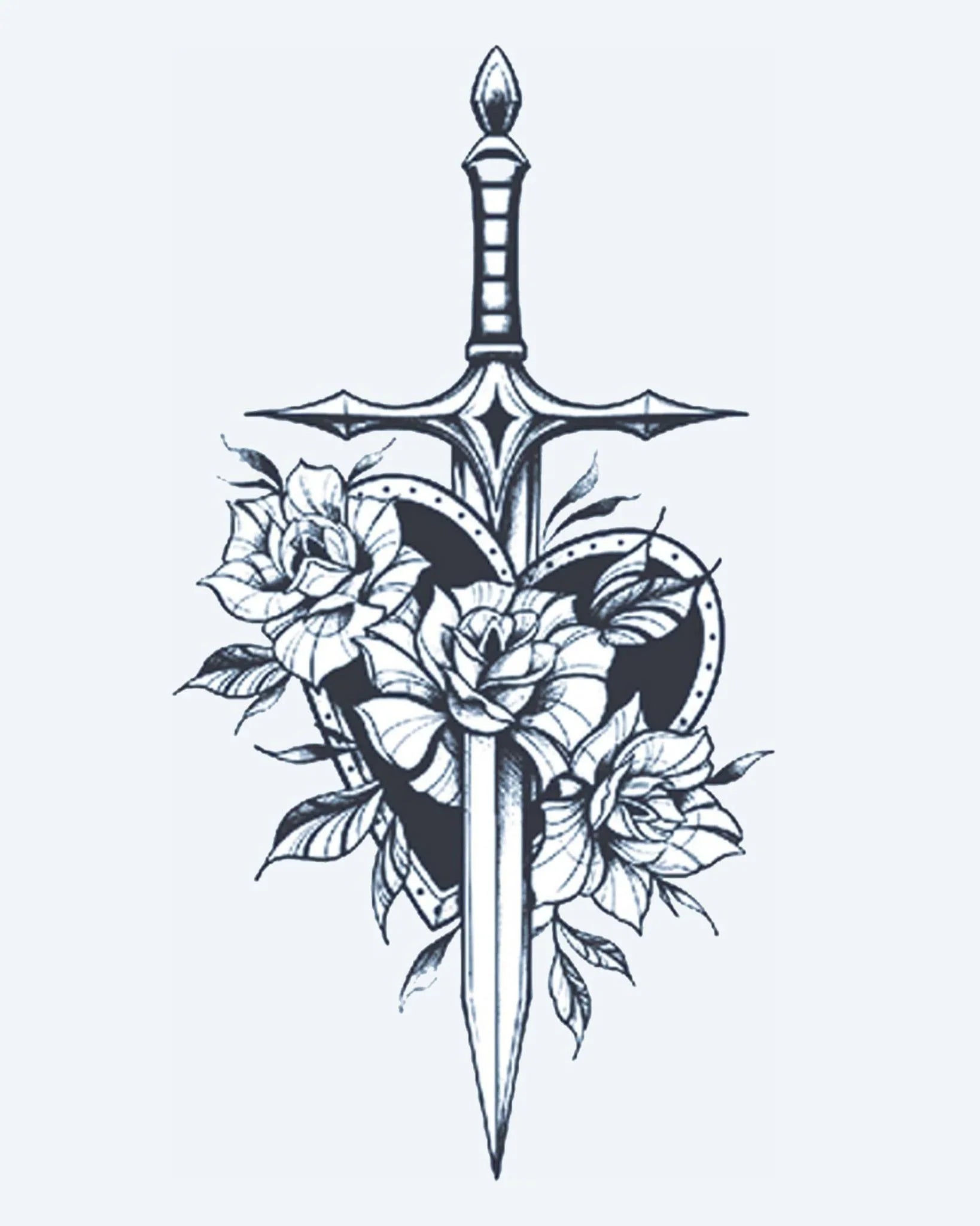 Design del tatuaggio semi-permanente Scudo con Spada e Rose di INKON – illustrazione pugnale, trafigge, attraverso, cuore, sagomato, 4 x 7 in (10x17cm), disponibile su inkon.co