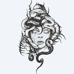Design del tatuaggio semi-permanente Medusa di INKON – illustrazione inquietante, medusa, ritratto, intrecciati, serpenti, 4 x 7 in (10x17cm), disponibile su inkon.co