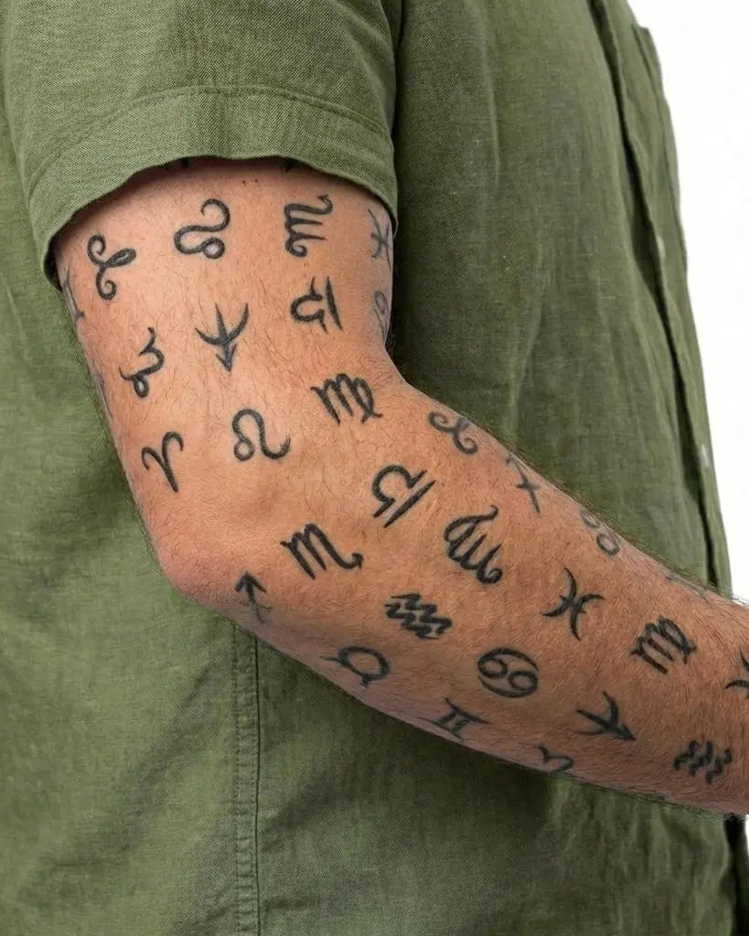Tatuaggio semi-permanente INKON Collezione Segni Zodiacali applicato su un uomo – design 4 x 7 in (10x17cm), aspetto realistico dell'inchiostro, dura 10 giorni