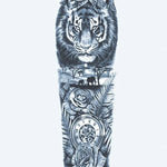 Design del tatuaggio semi-permanente Tiger & Safari Clock di INKON – illustrazione maestoso, manica, intera, tigre, africana, 8 x 20 in (20x50cm), disponibile su inkon.co