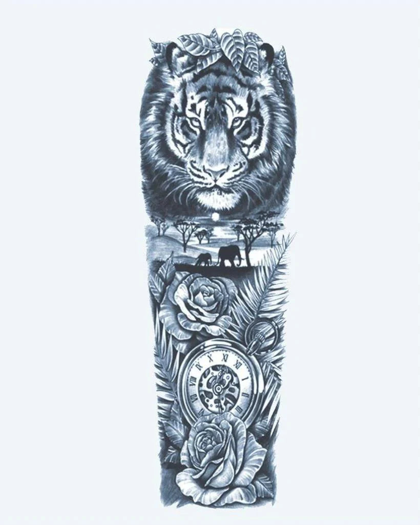 Design del tatuaggio semi-permanente Tiger & Safari Clock di INKON – illustrazione maestoso, manica, intera, tigre, africana, 8 x 20 in (20x50cm), disponibile su inkon.co