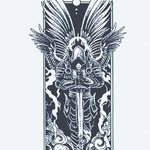 Design del tatuaggio semi-permanente Arcangelo Oscuro di INKON – illustrazione corazzato, arcangelo, spiegate, ali, impugna, 4 x 7 in (10x17cm), disponibile su inkon.co