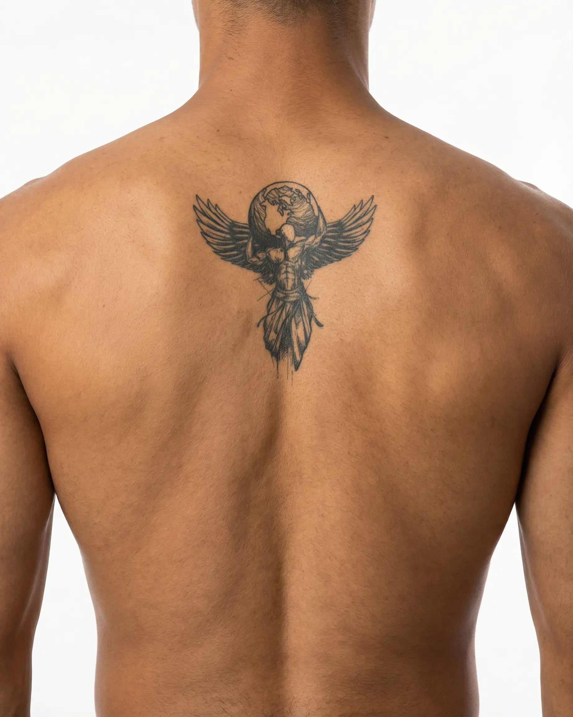 Tatuaggio semi-permanente INKON Winged Atlas applicato su un uomo – design 4 x 8 in (11x21cm), aspetto realistico dell'inchiostro, dura 10 giorni