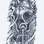 Design del tatuaggio semi-permanente Lupo e Angelo Custode di INKON – illustrazione ringhiante, lupo, sopra, custode, angelo, 4 x 7 in (10x17cm), disponibile su inkon.co