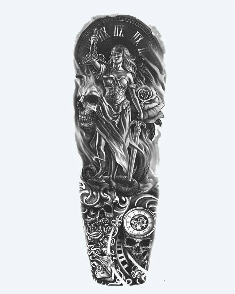 Design del tatuaggio semi-permanente Lady Justice & Skulls di INKON – illustrazione drammatico, manica, intera, dea, giustizia, 8 x 20 in (20x50cm), disponibile su inkon.co