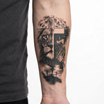 Tatuaggio semi-permanente INKON Fede Leone e Croce applicato su un uomo – design 4 x 7 in (10x17cm), aspetto realistico dell'inchiostro, dura 10 giorni
