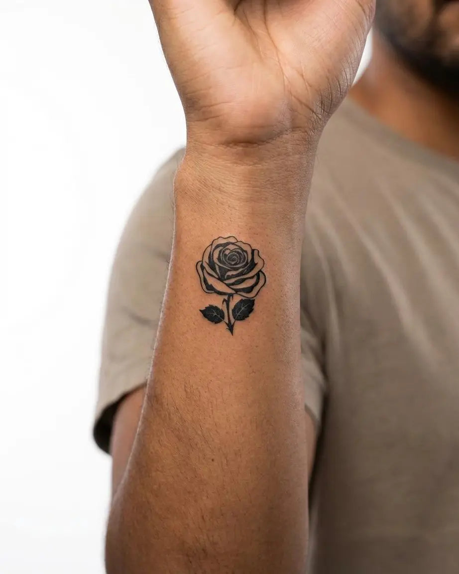 Tatuaggio semi-permanente INKON Classic Rose applicato su un uomo – design 2 x 2 in (5x5cm), aspetto realistico dell'inchiostro, dura 10 giorni
