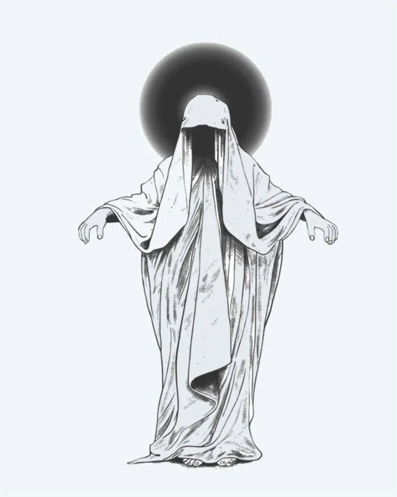 Design del tatuaggio semi-permanente Fantasma Velato di INKON – illustrazione misteriosa, ammantata, figura, velato, volto, 4 x 7 in (10x17cm), disponibile su inkon.co