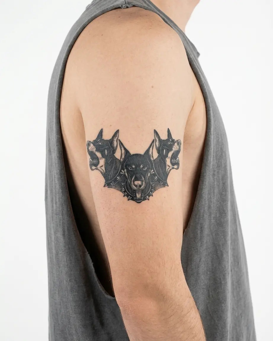 Tatuaggio semi-permanente INKON Cerberus Triple Doberman applicato su un uomo – design 4 x 4 in (9x9cm), aspetto realistico dell'inchiostro, dura 10 giorni