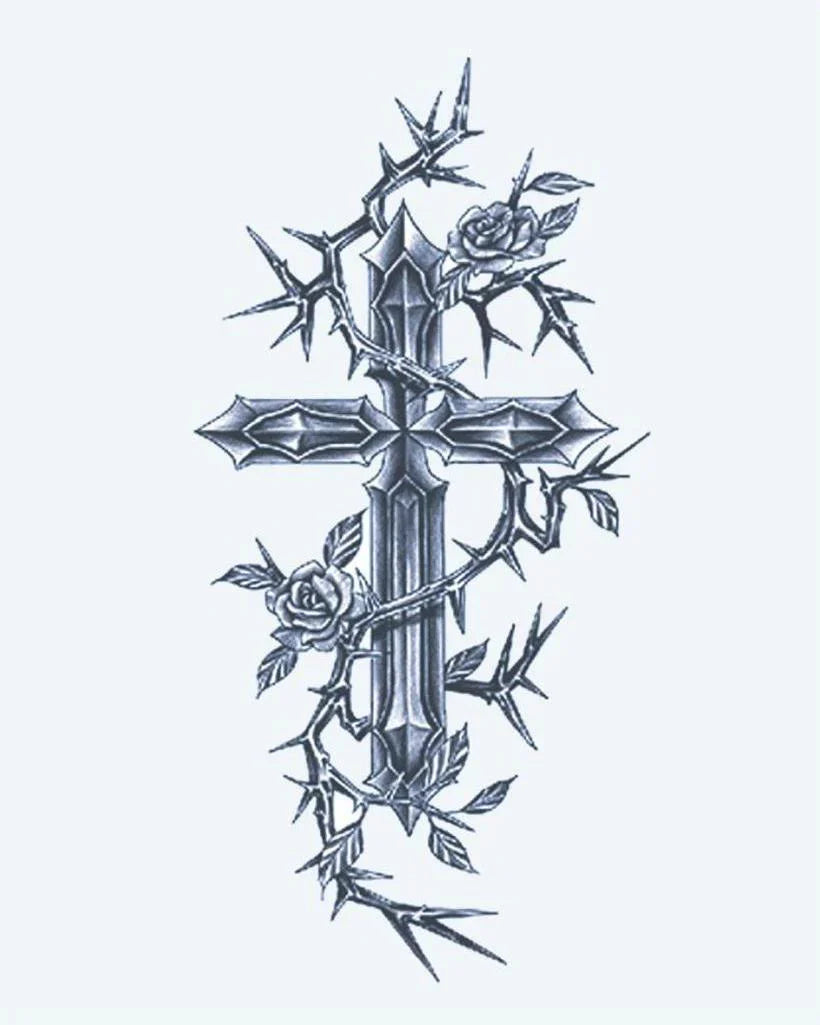 Design del tatuaggio semi-permanente Croce con Rose e Spine di INKON – illustrazione ornato, gotico, croce, intrecciato, spinoso, 4 x 7 in (10x17cm), disponibile su inkon.co