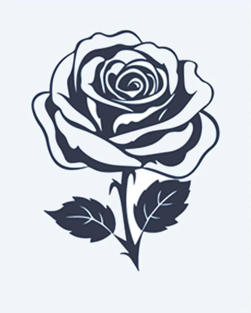 Design del tatuaggio semi-permanente Classic Rose di INKON – illustrazione di rosa splendidamente dettagliata con petali a strati, 2 x 2 in (5x5cm), disponibile su inkon.co