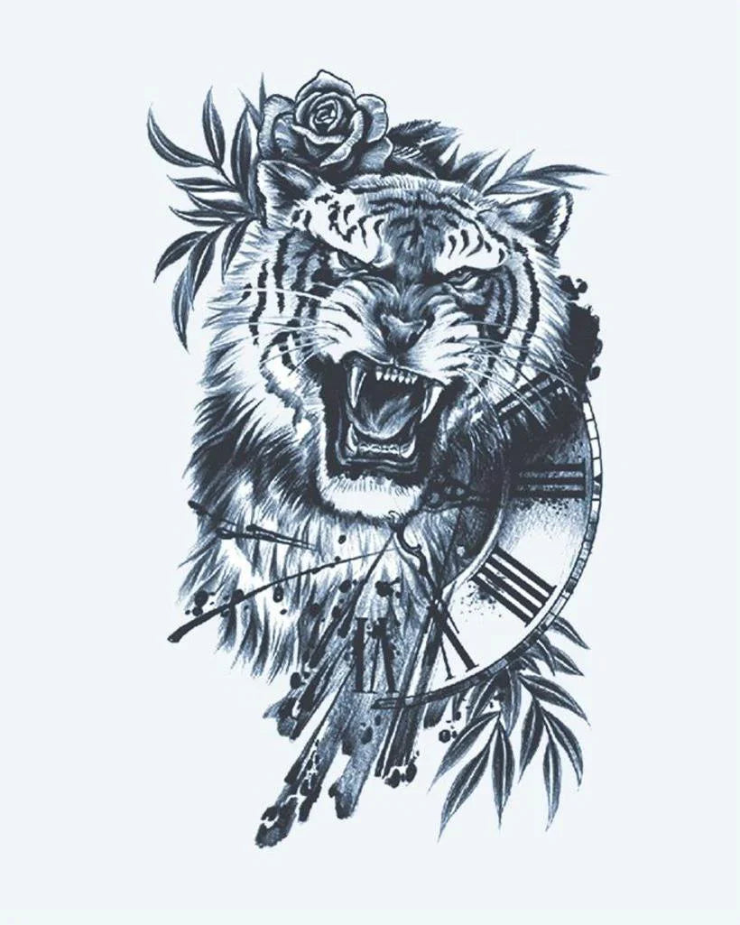 Design del tatuaggio semi-permanente Tiger & Clock di INKON – illustrazione ruggente, tigre, combinata, romani, numeri, 4 x 8 in (11x21cm), disponibile su inkon.co