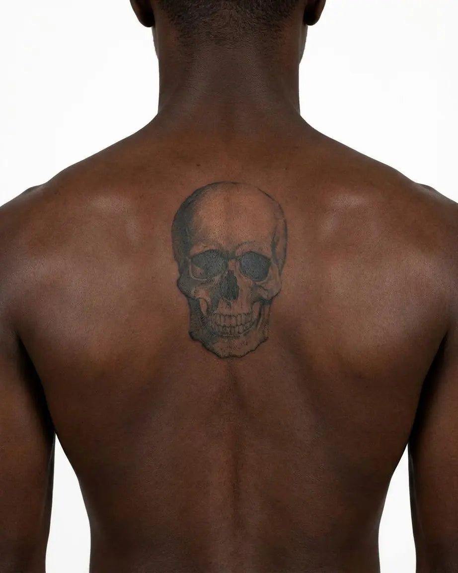 Tatuaggio semi-permanente INKON Teschio Realistico applicato su un uomo – design 4 x 7 in (10x17cm), aspetto realistico dell'inchiostro, dura 10 giorni