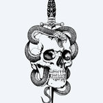 Design del tatuaggio semi-permanente Skull, Snake & Dagger di INKON – illustrazione teschio, trafitto, ornamentale, pugnale, serpente, 4 x 8 in (11x21cm), disponibile su inkon.co
