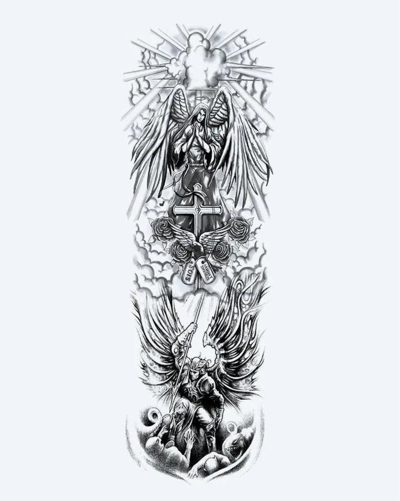 Design del tatuaggio semi-permanente Angels & Cross Sleeve di INKON – illustrazione maestoso, manica, intera, custodi, angeli, 8 x 20 in (20x50cm), disponibile su inkon.co