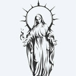 Design del tatuaggio semi-permanente Madonna con Aureola di INKON – illustrazione aggraziata, raffigurazione, vergine, maria, radiante, 4 x 7 in (10x17cm), disponibile su inkon.co