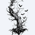Design del tatuaggio semi-permanente Albero Morto, Luna e Pipistrelli di INKON – illustrazione inquietante, contorto, morto, albero, silhouette, 4 x 7 in (10x17cm), disponibile su inkon.co