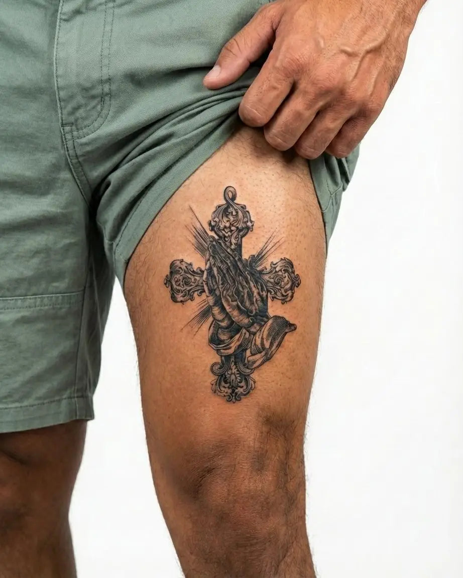 Tatuaggio semi-permanente INKON Mani in Preghiera e Croce Ornata applicato su un uomo – design 4 x 7 in (10x17cm), aspetto realistico dell'inchiostro, dura 10 giorni
