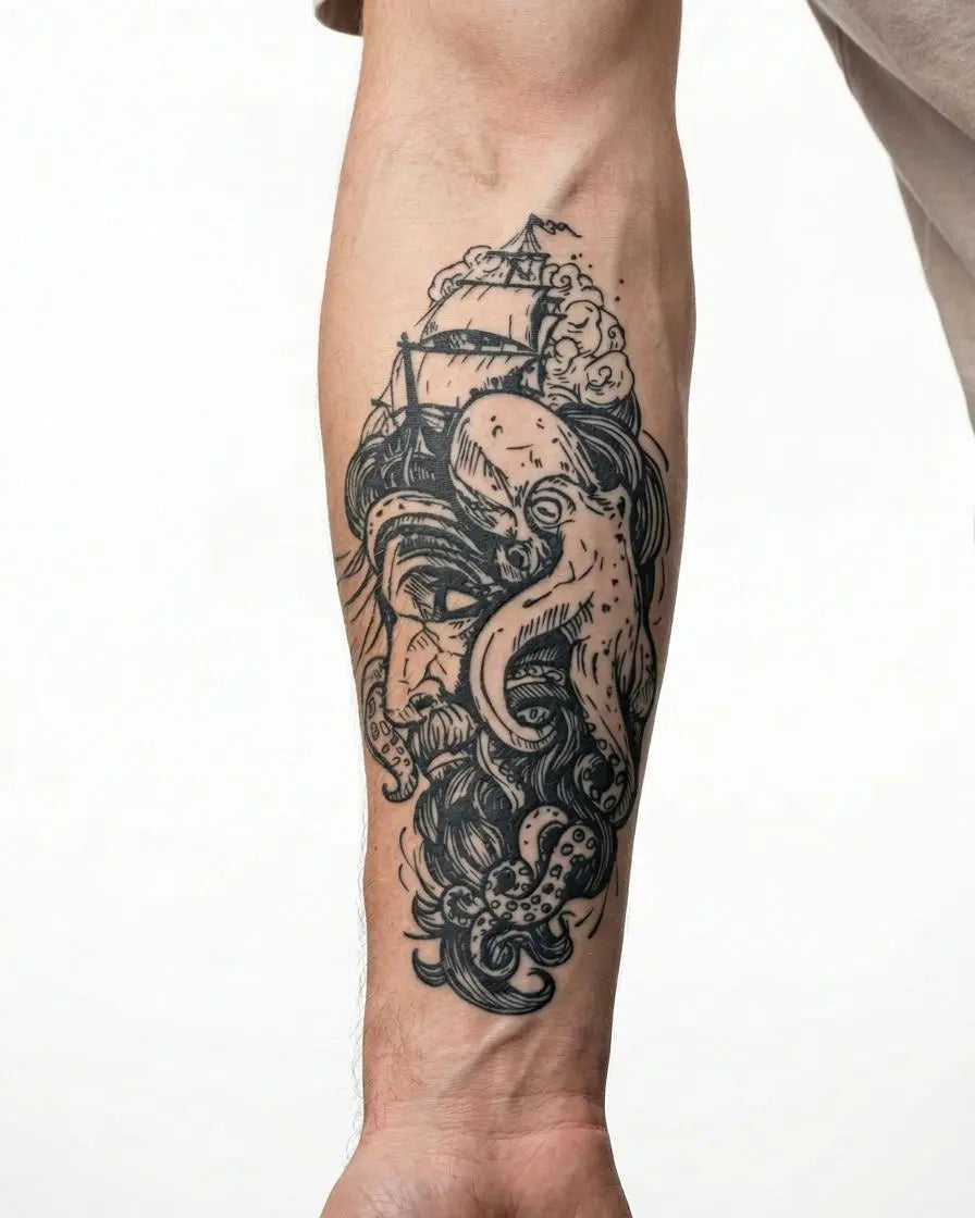 Tatuaggio semi-permanente INKON Kraken & Ship applicato su un uomo – design 4 x 8 in (11x21cm), aspetto realistico dell'inchiostro, dura 10 giorni