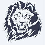 Design del tatuaggio semi-permanente Roaring Lion di INKON – illustrazione di testa di leone ruggente con criniera fluente, 2 x 2 in (5x5cm), disponibile su inkon.co