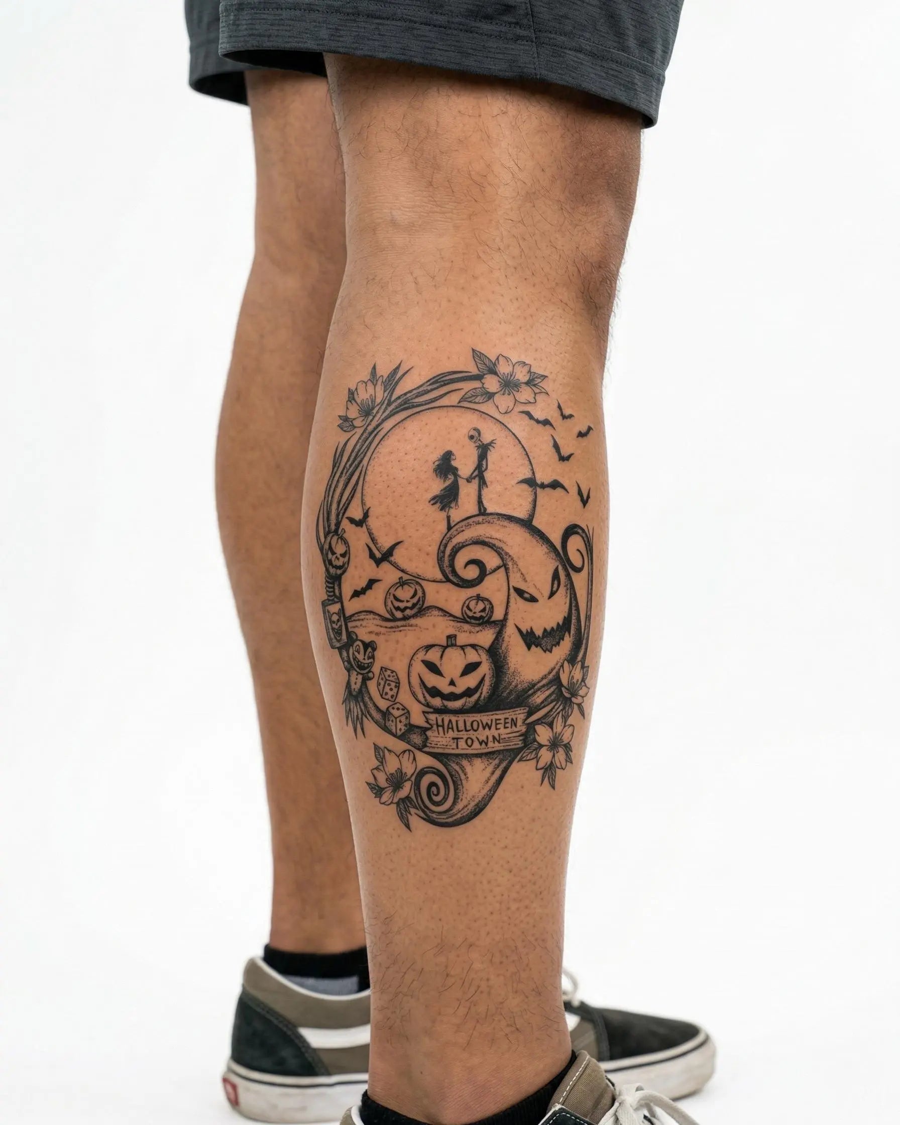 Tatuaggio semi-permanente INKON Città di Halloween applicato su un uomo – design 4 x 7 in (10x17cm), aspetto realistico dell'inchiostro, dura 10 giorni