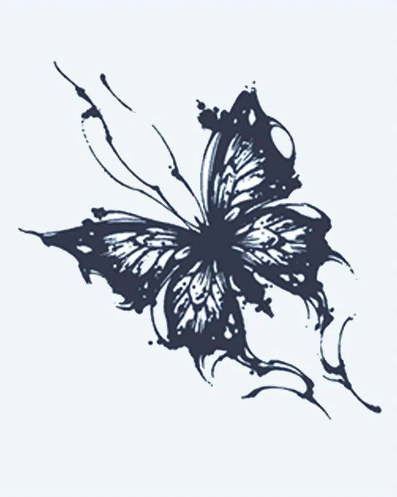 Design del tatuaggio semi-permanente Ink Splash Butterfly di INKON – illustrazione di farfalla artistica con schizzi di vernice, 2 x 2 in (5x5cm), disponibile su inkon.co