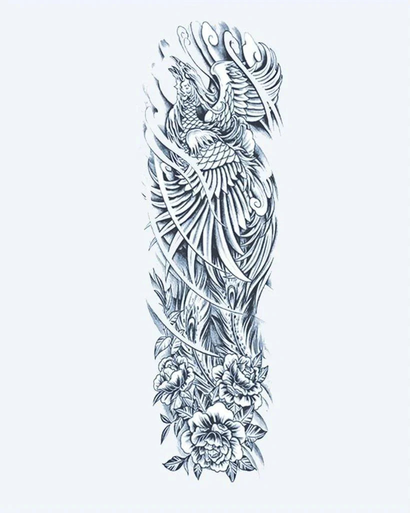 Design del tatuaggio semi-permanente Phoenix Rising di INKON – illustrazione magnifico, manica, intera, fenice, leva, 8 x 20 in (20x50cm), disponibile su inkon.co