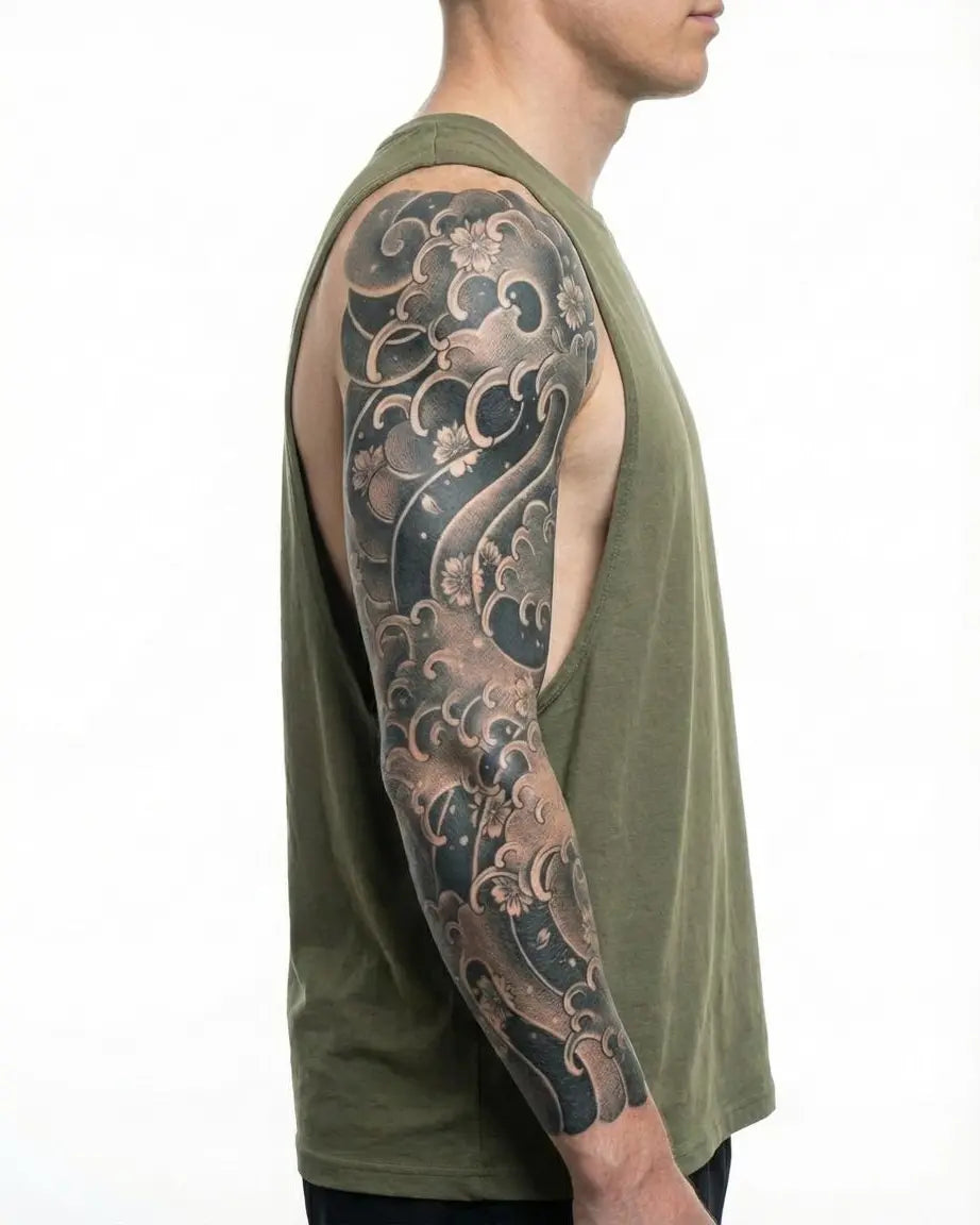 Tatuaggio semi-permanente INKON Japanese Waves & Sakura applicato su un uomo – design 8 x 20 in (20x50cm), aspetto realistico dell'inchiostro, dura 10 giorni