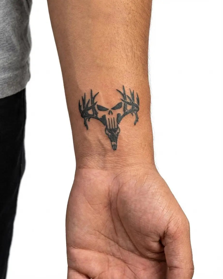 Tatuaggio semi-permanente INKON Deer Skull with Antlers applicato su un uomo – design 2 x 2 in (5x5cm), aspetto realistico dell'inchiostro, dura 10 giorni