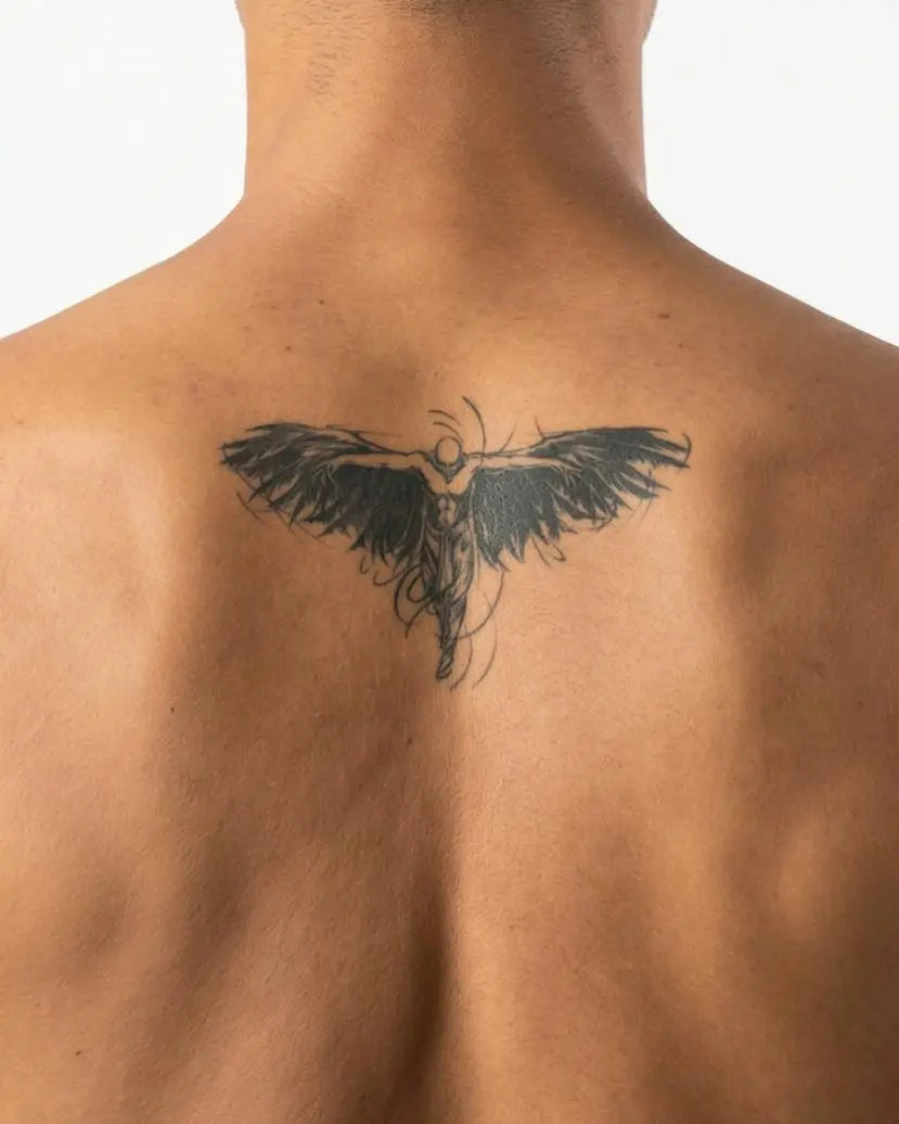 Tatuaggio semi-permanente INKON Ali d'Angelo Oscuro applicato su un uomo – design 4 x 7 in (10x17cm), aspetto realistico dell'inchiostro, dura 10 giorni